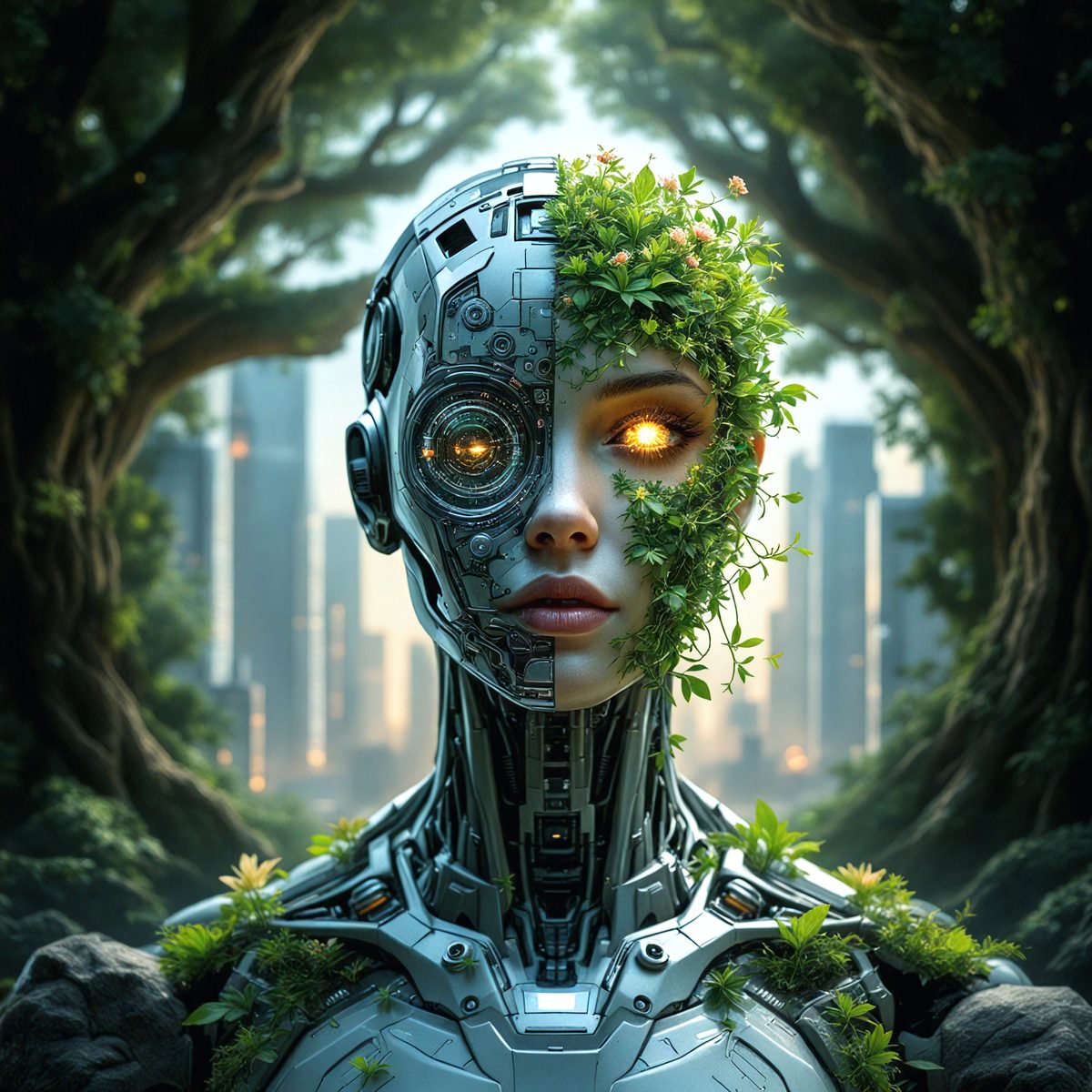 The primary subject of the image is a futuristic robot with a green plant growing out of its head. The robot is surrounded by a forest-like environment, which adds to the overall atmosphere of the scene. The visual style of the image is digital art, as it appears to be a computer-generated or digitally rendered creation. The colors and mood of the image are predominantly green, with the robot and the plant being the main focus, creating a sense of harmony and balance between the man-made and natural worlds.